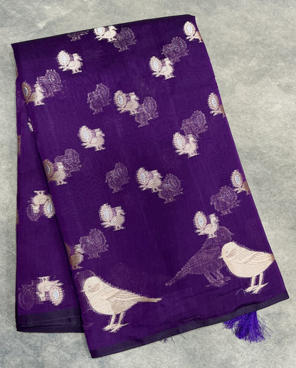 Silk Cotton Saree Violet Colour with Peacock and Sparrow Butta
