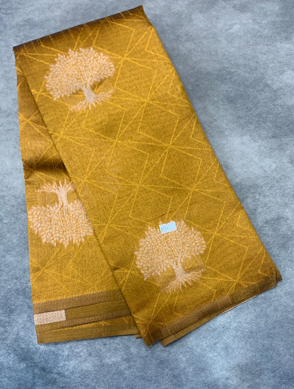 Mustard Colour Jute Silk Saree with Tree Butta, Borderless