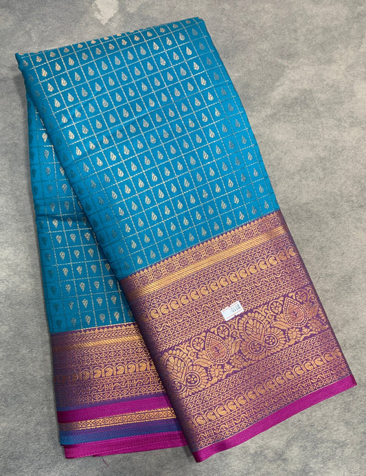 Blue Colour Kanchi Style Art Silk Saree with Magenta Border and 1000 Butta