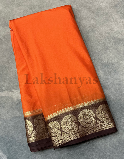 Orange Colour Mysore Crepe Saree with Brown Mango Border