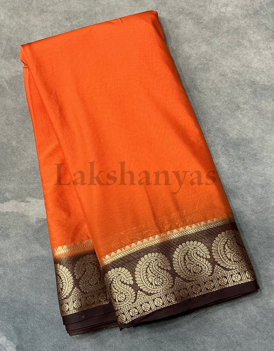 Orange Colour Mysore Crepe Saree with Brown Mango Border