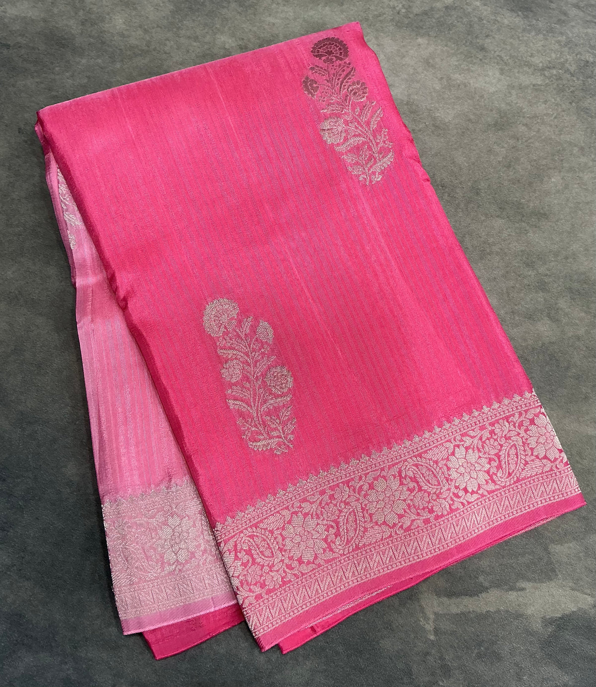 Semi Banarasi Saree Pink Color with Silver Zari Design Border