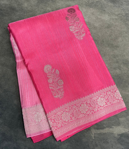 Semi Banarasi Saree Pink Color with Silver Zari Design Border