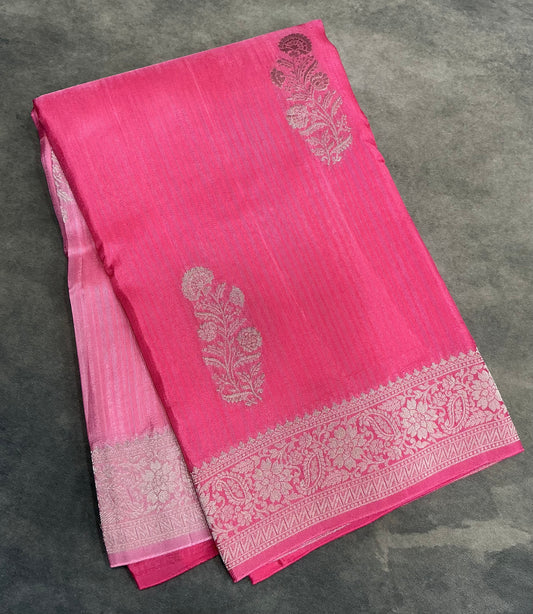 Semi Banarasi Saree Pink Color with Silver Zari Design Border