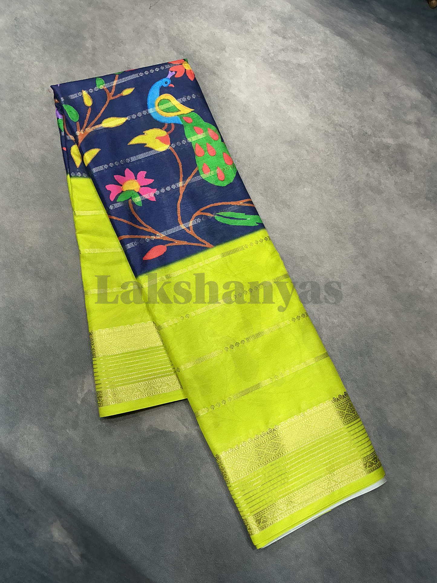 Blue & Lime Green Peacock Printed Mysore Crepe Saree