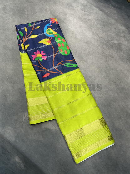 Blue & Lime Green Peacock Printed Mysore Crepe Saree