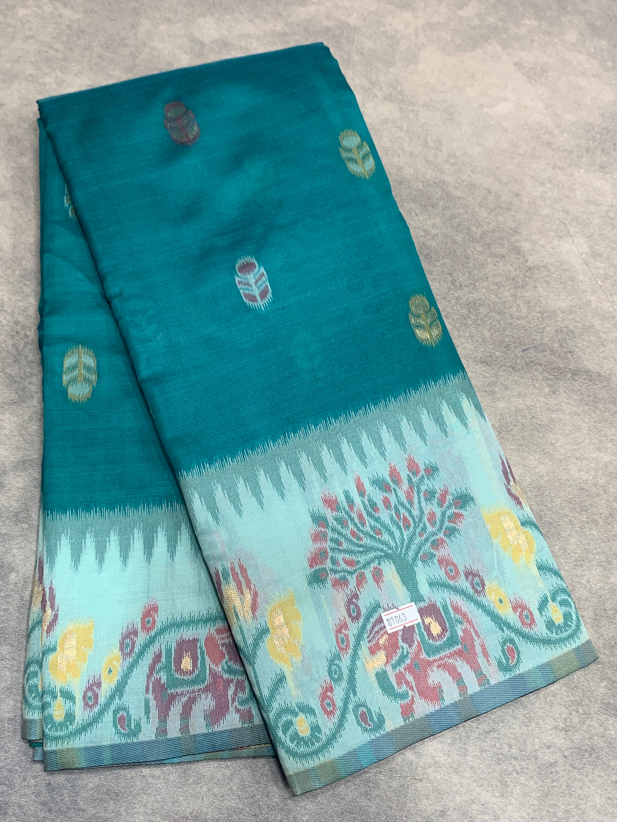 Rama Green Colour Satin Saree with Light Green Colour Ikat Border