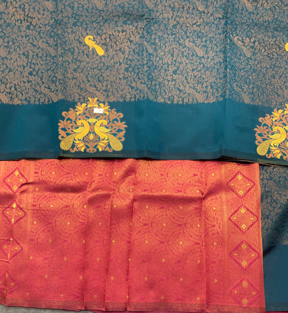Rama Blue Colour Semi Silk Saree with Peacock Motif