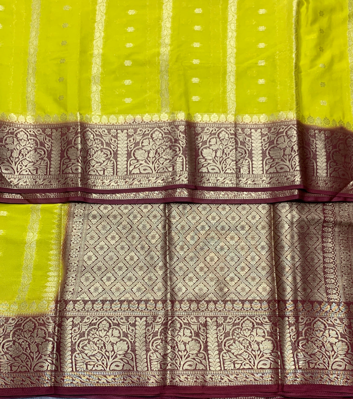 Lime Green Colour Mysore Crepe Silk Saree with Maroon Colour Border