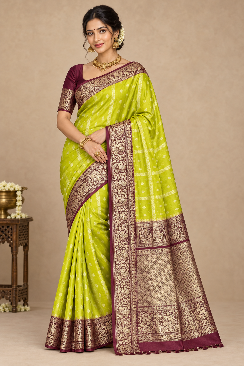 Lime Green Colour Mysore Crepe Silk Saree with Maroon Colour Border