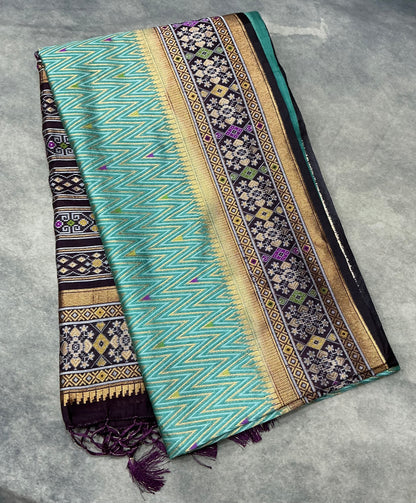 Sapphire Color Vegan Silk saree with Contrast Dark Magenta Color border