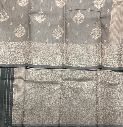 Dark Grey Colour Semi Jute Silk Saree with Silver Zari Border