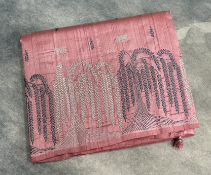 Peach Pink Tussar Saree with Embroidery Work Border