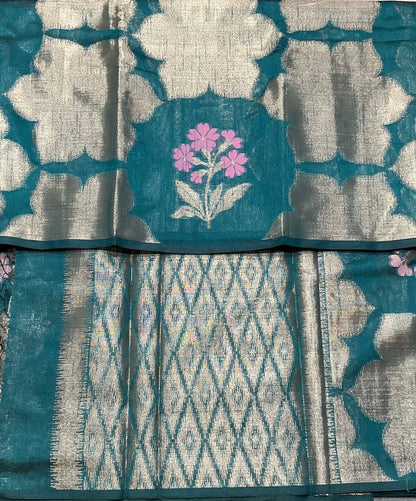 Rama Blue Colour Chanderi Silk Saree, Borderless