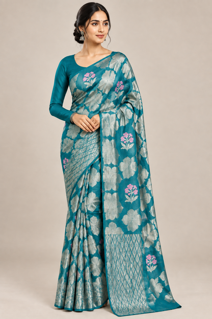 Rama Blue Colour Chanderi Silk Saree, Borderless