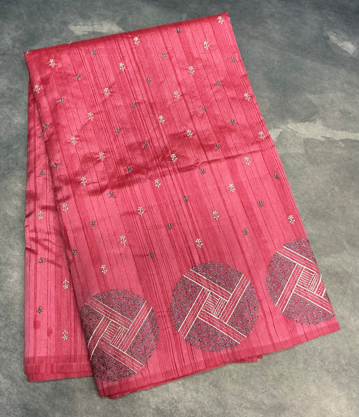 Tomato Pink Tussar Saree with Embroidery Work Border