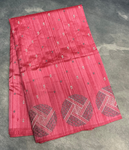 Tomato Pink Tussar Saree with Embroidery Work Border