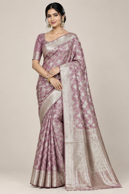 Katan Silk Saree Dusty Rose Pink Colour with Silver Zari Border