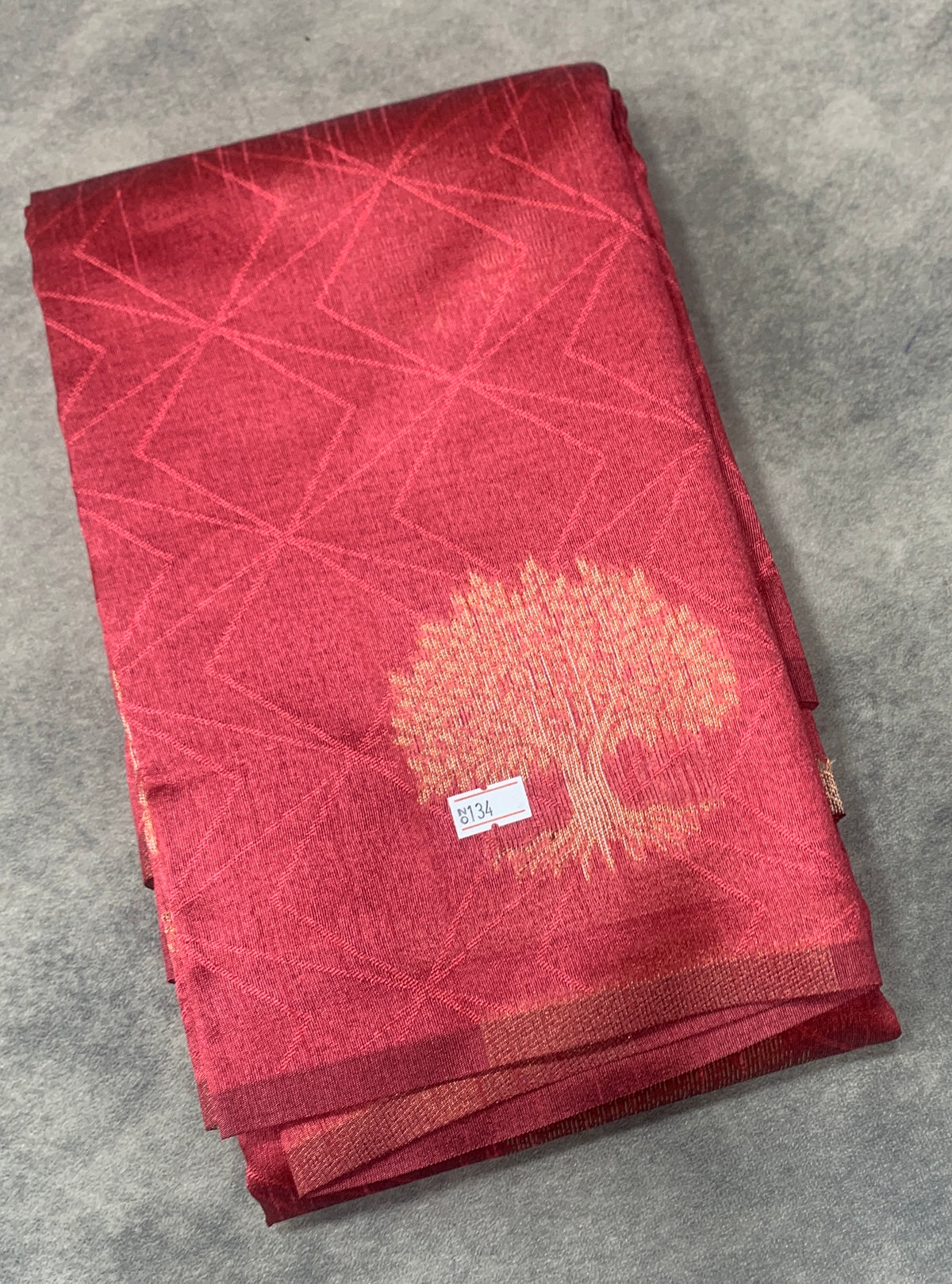 Tomato Pink Colour Jute Silk Saree with Tree Butta, Borderless