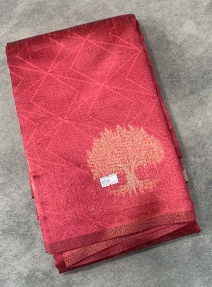 Tomato Pink Colour Jute Silk Saree with Tree Butta, Borderless