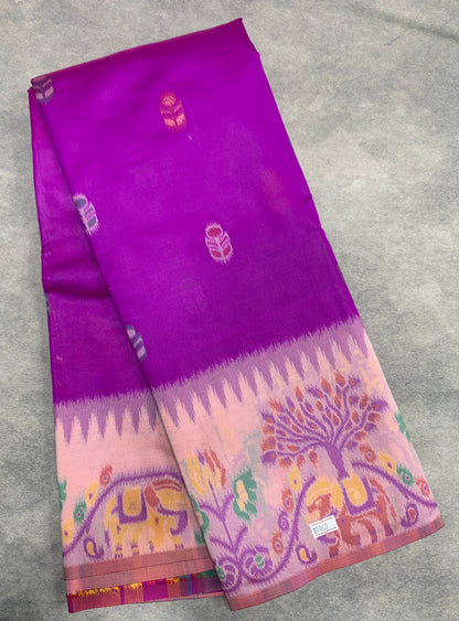 Satin Saree – Magenta with Light Pink Ikat Border
