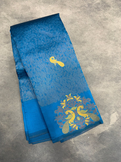 Blue Colour Semi Silk Saree with Peacock Motif