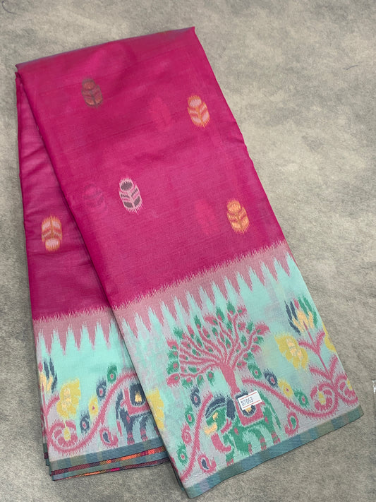 Pink Colour Satin Saree with Light Green Colour Ikat Border