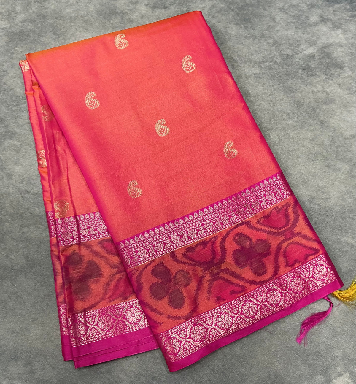 Peach Pink Colour Soft Silk Saree with Pink Colour Ikat Border