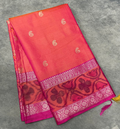 Peach Pink Colour Soft Silk Saree with Pink Colour Ikat Border