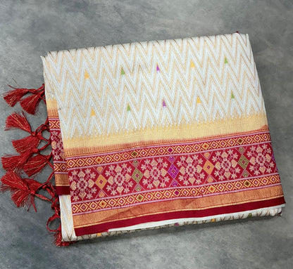 Ivory White & Crimson Red Ikat Vegan Silk Saree