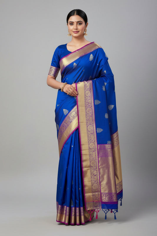 Vibrant Royal Blue Pure Kanjivaram Silk Saree with Magenta Pink Border