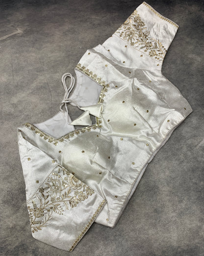 Ready-to-Wear Embroidered Silk Blouse - White, Silver Embroidery (Style 2)