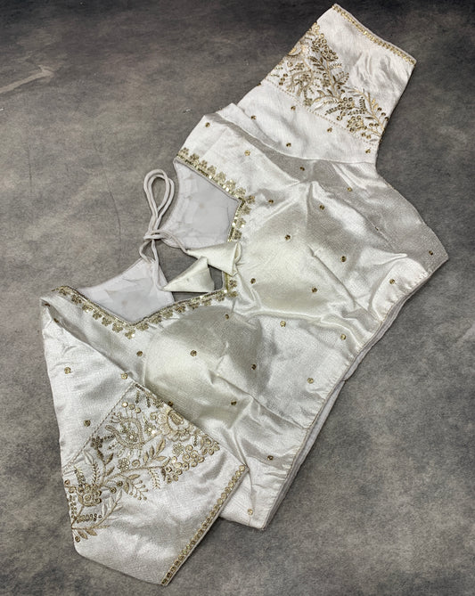 Ready-to-Wear Embroidered Silk Blouse - White, Silver Embroidery (Style 2)