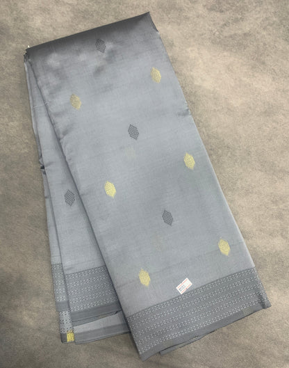 Semi Soft Silk Saree – Grey with Butta and Silver Zari Border