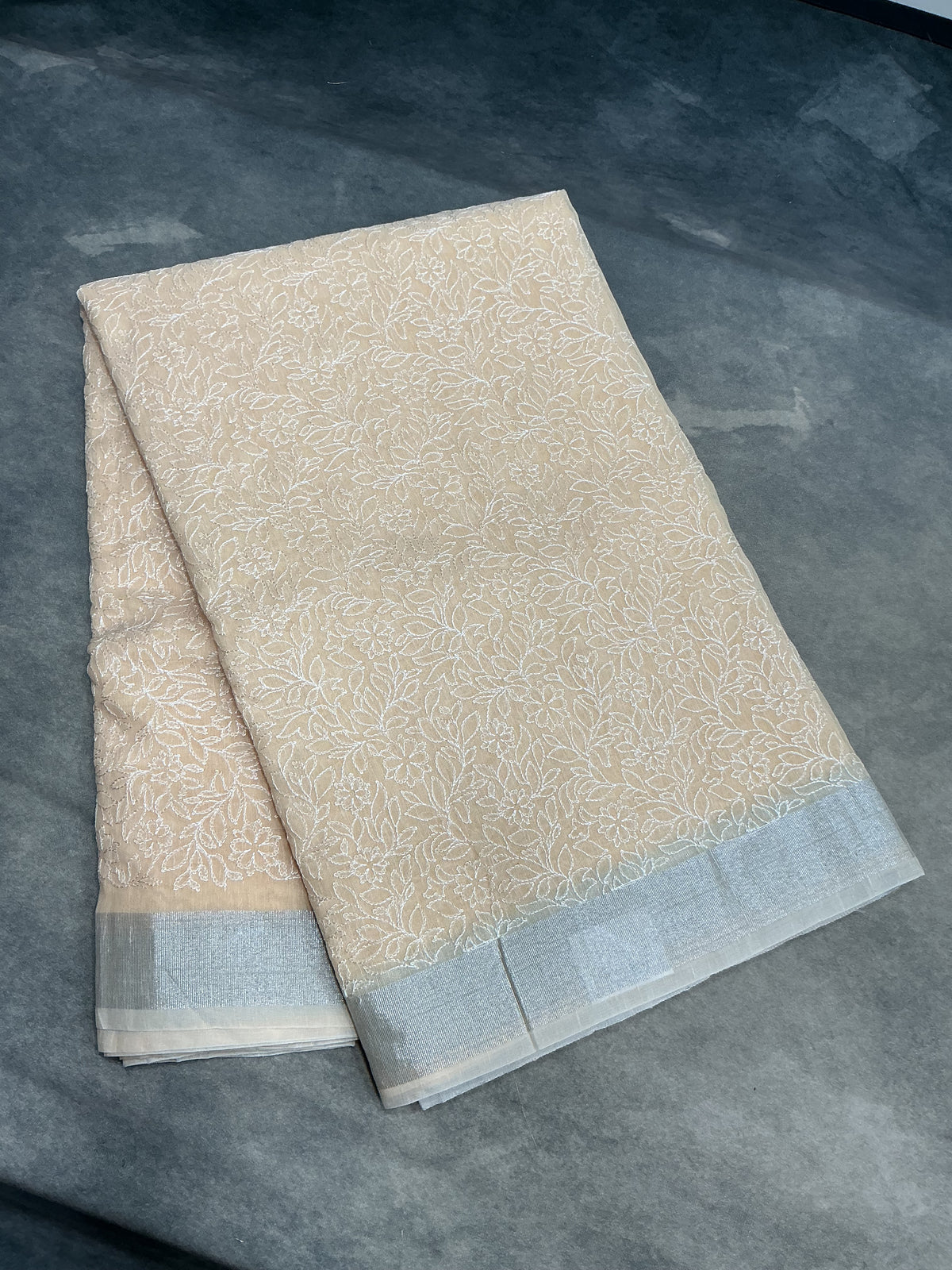 Silk Cotton Saree Light Pastel Peach Color with Silver Zari Border
