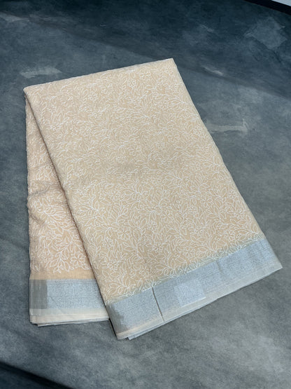Silk Cotton Saree Light Pastel Peach Color with Silver Zari Border