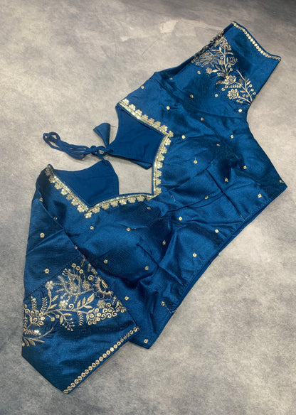 Ready-to-Wear Embroidered Silk Blouse - Blue (Silver Embroidery)