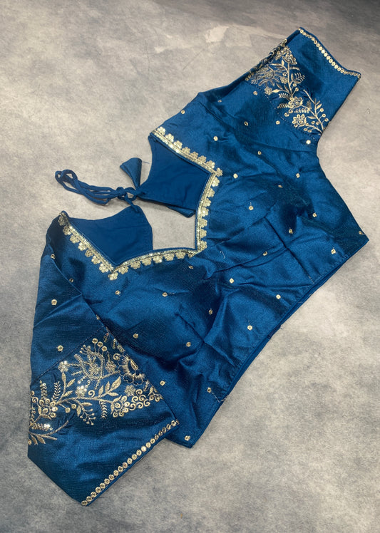 Ready-to-Wear Embroidered Silk Blouse - Blue (Silver Embroidery)