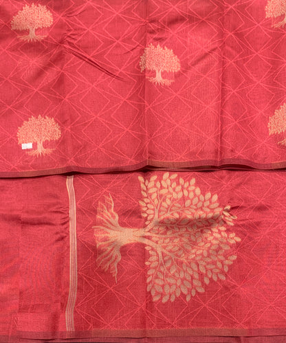 Tomato Pink Colour Jute Silk Saree with Tree Butta, Borderless