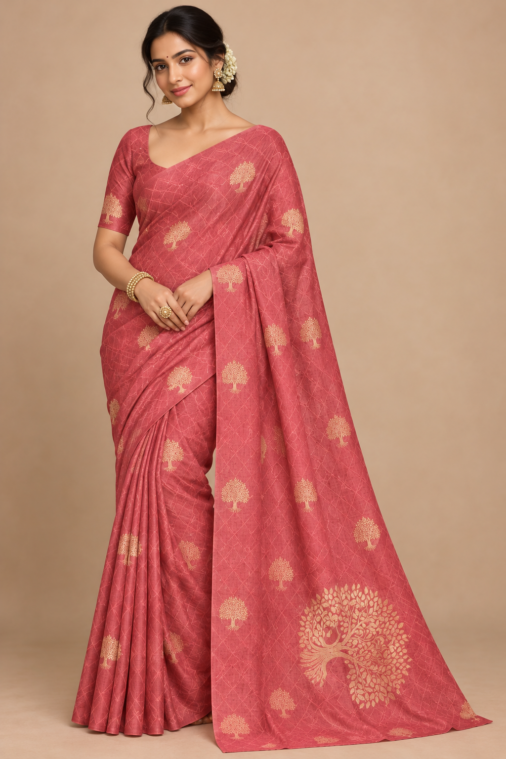 Tomato Pink Colour Jute Silk Saree with Tree Butta, Borderless