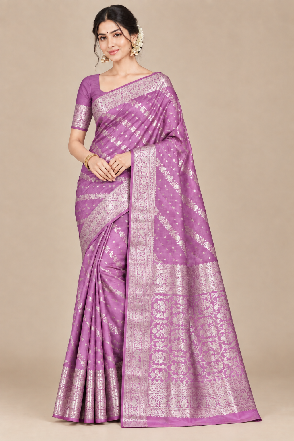 Semi Tussar Silk Saree Pink Colour with Silver Zari Border