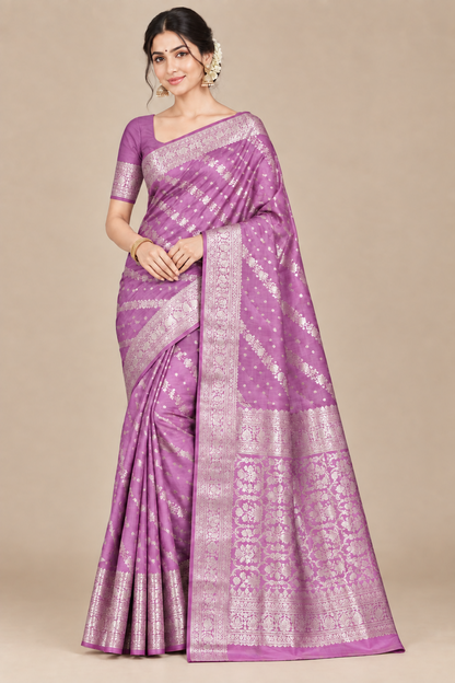 Semi Tussar Silk Saree Pink Colour with Silver Zari Border