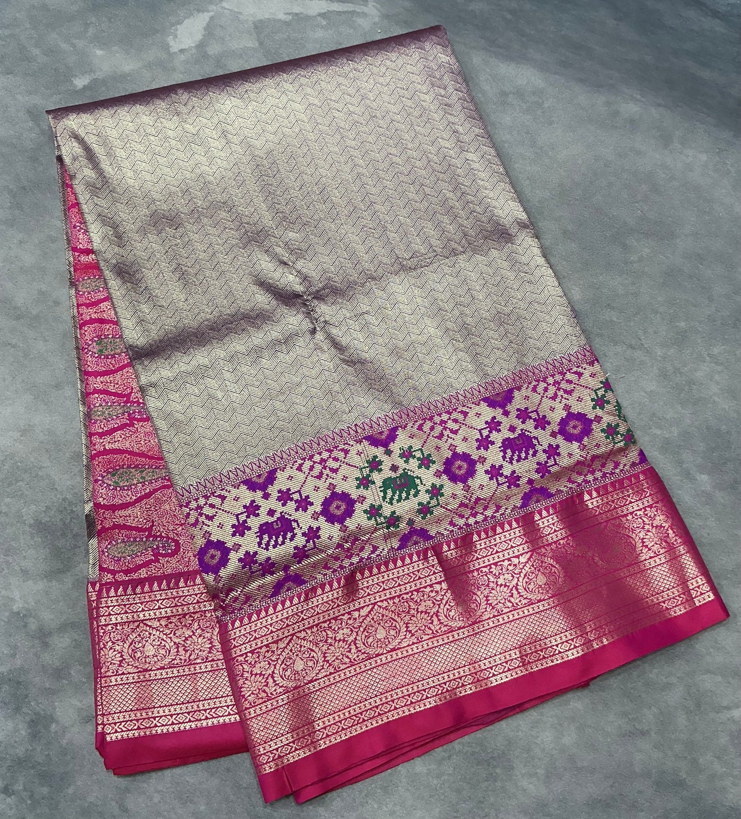Gray Color Tissue Saree with contrast Pink Patola order