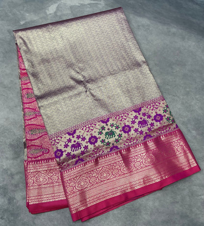 Gray Color Tissue Saree with contrast Pink Patola order