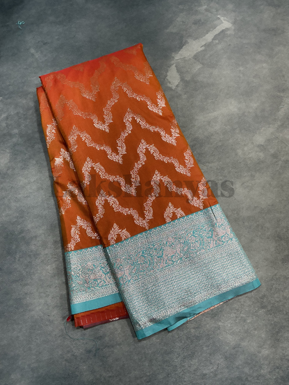 Orange Vegan Silk saree with Sapphire Color border