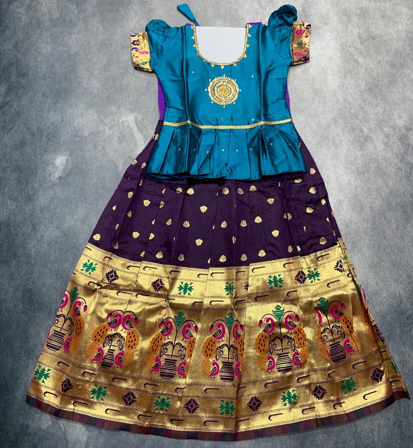 Ready To Wear Pavadai Dark  Purple Colour with Peacock Blue Colour Blouse