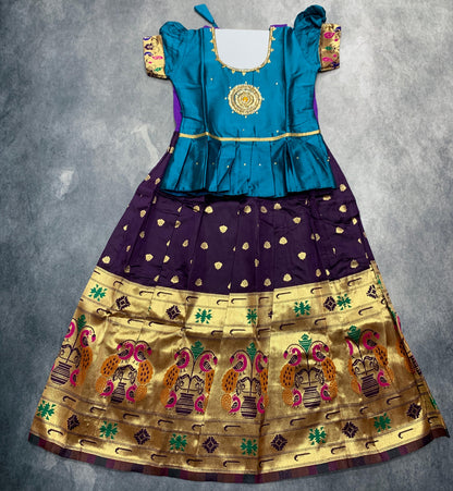 Ready To Wear Pavadai Dark  Purple Colour with Peacock Blue Colour Blouse