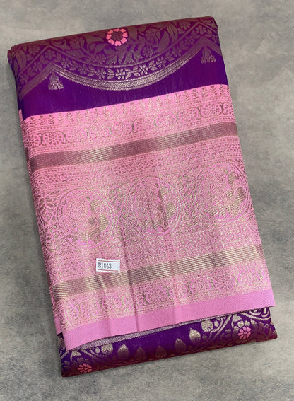 Purple Colour Satin Saree with Light Lavender Colour Ikat Border