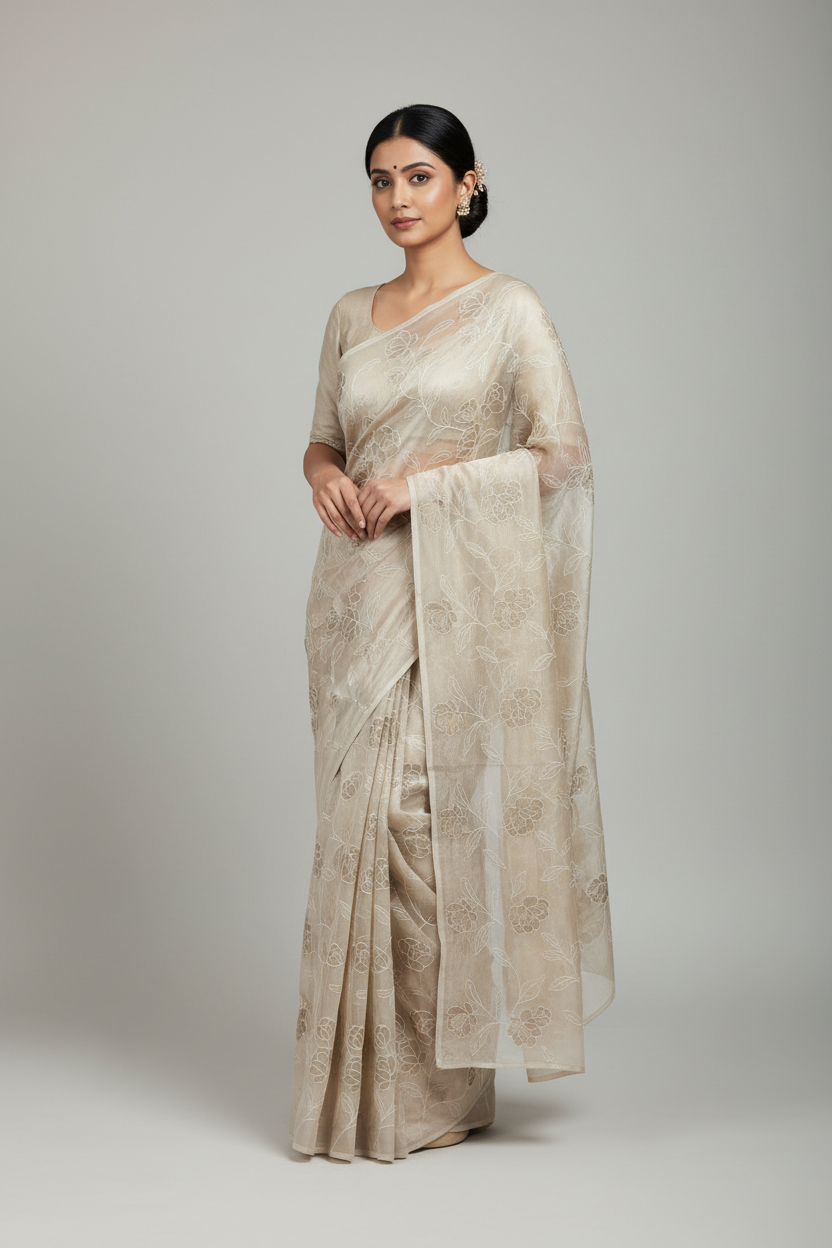 Ivory Color Organza Saree