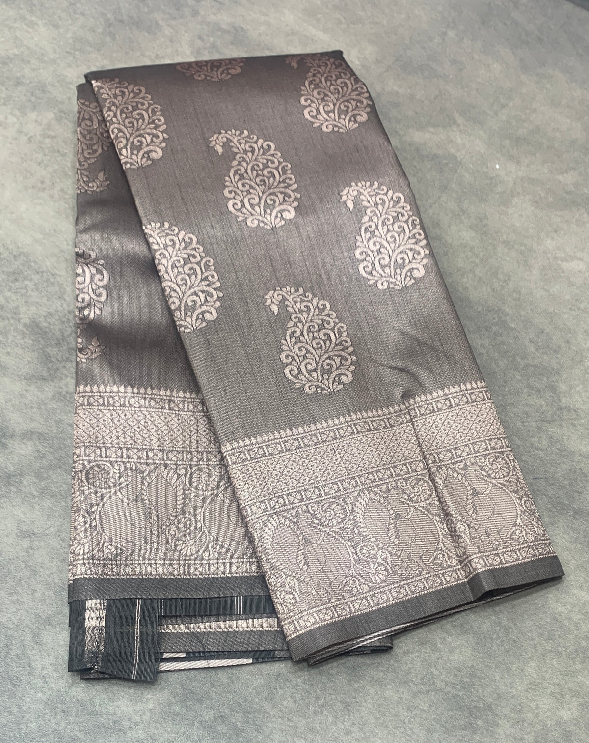 Semi Jute Silk Saree – Grey with Silver Zari Border (Style 1)